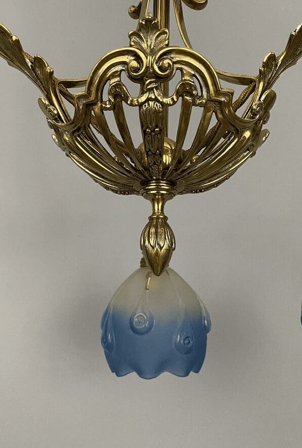 Antique Three Arm Brass Chandelier with Blue Glass Shades (21265)