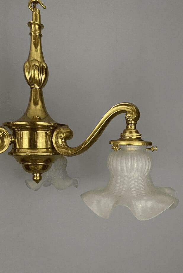 Antique Three Arm Brass Chandelier with Frosted Glass Shades (32098) RESERVED