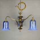 Art Nouveau Three Arm Chandelier with Blue Glass Shades (32183)