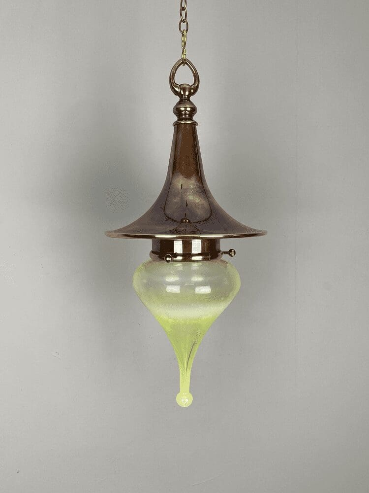 WITCHES HAT - Large Aged Copper Pendant Light with Vaseline Teardrop Shade (32192)