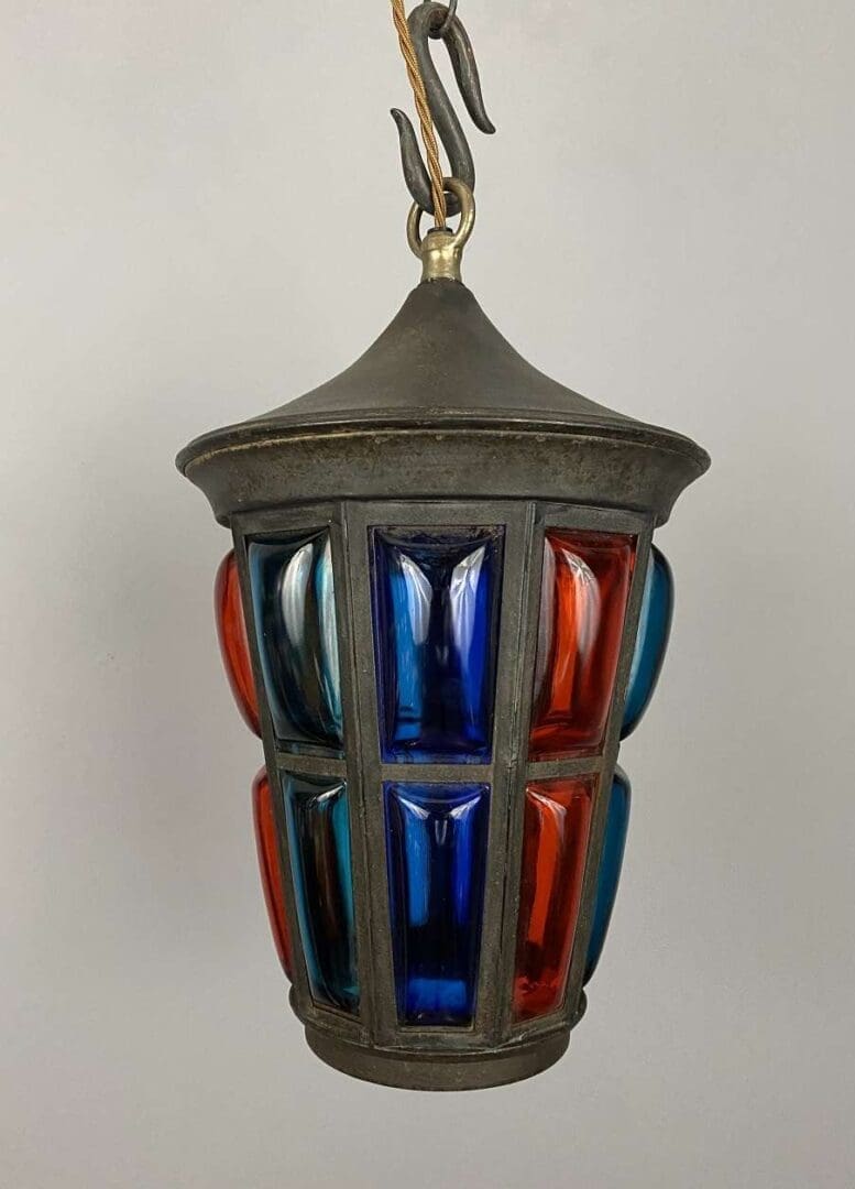 Arts and Crafts Red and Blue Glass Lantern (22343)