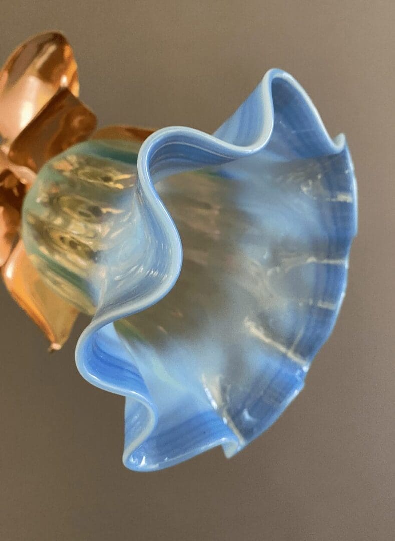 Art Nouveau Light - Copper Petals with Blue Vaseline Glass Shade (22056)