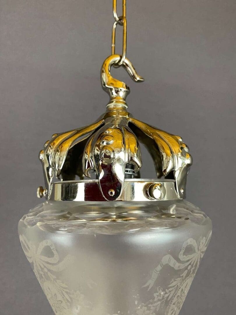 Small Etched Glass Pendant Light with Chrome Crown Top (20151)