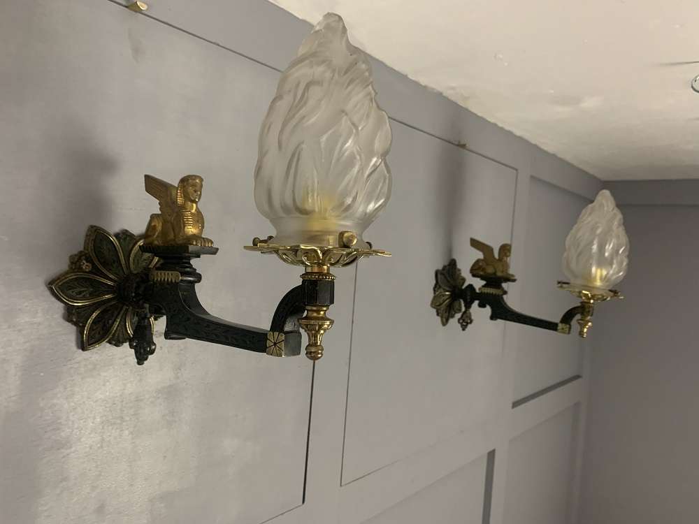 Pair - Antique Egyptian Revival Sphinx Wall Lights (21673)