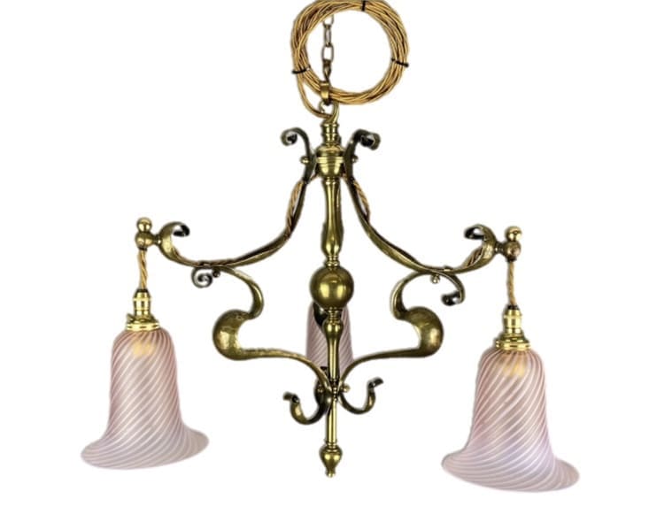 Arts and Crafts Three Arm Brass Chandelier - Pink Shades (41050) RESERVED