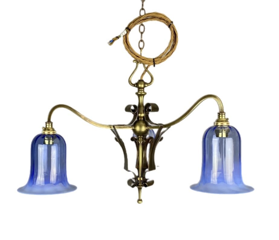 Art Nouveau Three Arm Chandelier with Blue Glass Shades (32183)