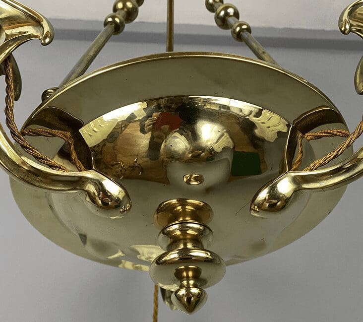 Art Nouveau Brass Chandelier with Vaseline Glass Shades (22420)