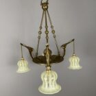 Art Nouveau Brass Chandelier with Vaseline Glass Shades (22420)