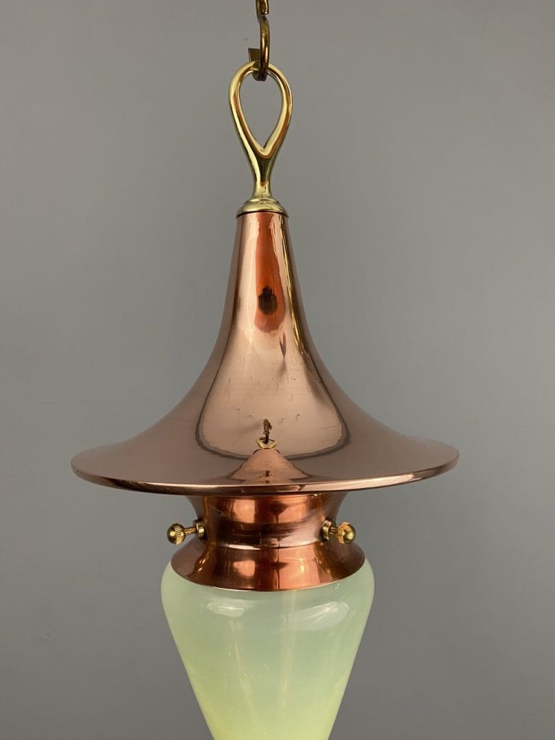'WITCH'S HAT - SLEEK' Polished Copper Art Nouveau Vaseline Glass Pendant Light (41034)