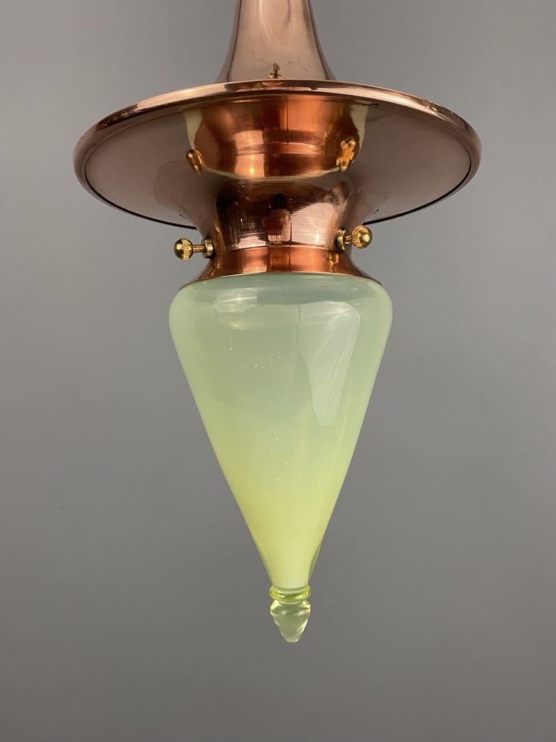 'WITCH'S HAT - SLEEK' Polished Copper Art Nouveau Vaseline Glass Pendant Light (41034)