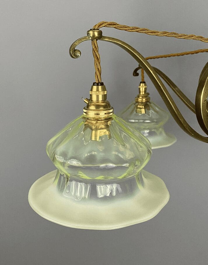 Art Nouveau GEC 4 Arm Chandelier with Vaseline Glass Shades