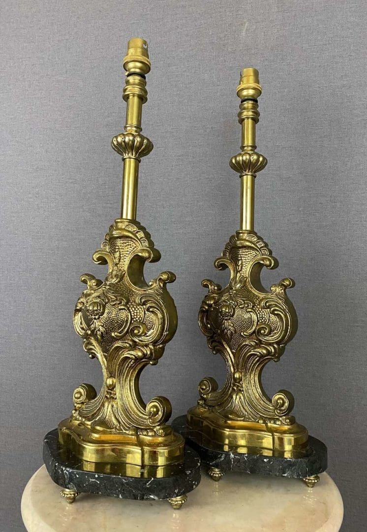 Ornate Marble and Brass Table Lamp - Two Available (20079)