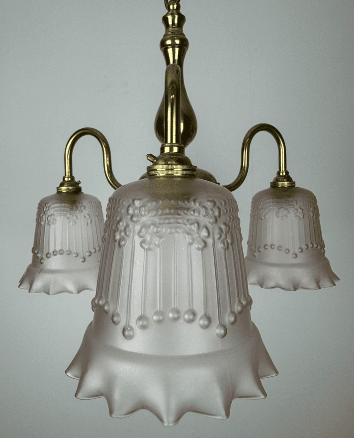 Brass Three Arm Chandelier with Pink Glass Shades